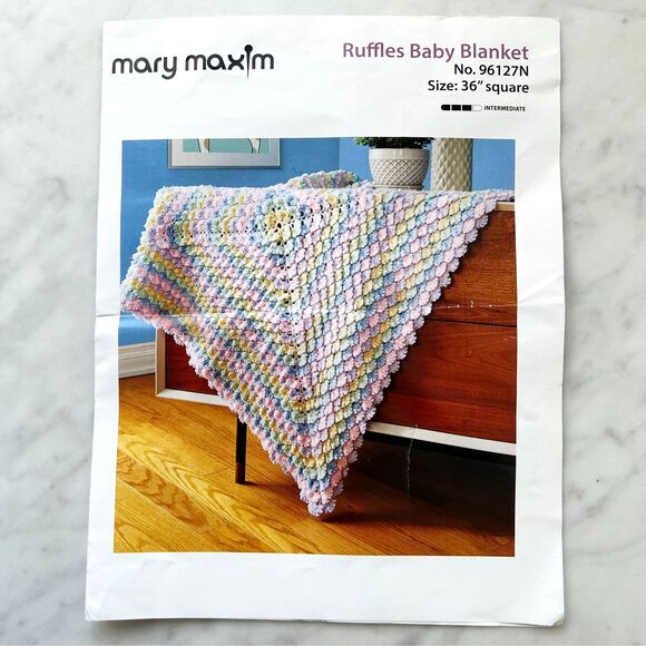 Mary Maxim Ruffles Baby Blanket Kit-Baby's Best Yarn+Pattern 40" Square-Started - Picture 2 of 6